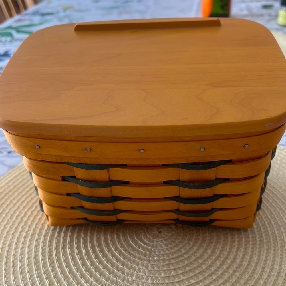 Longaberger recipe holder basket with wooden Longaberger lid.